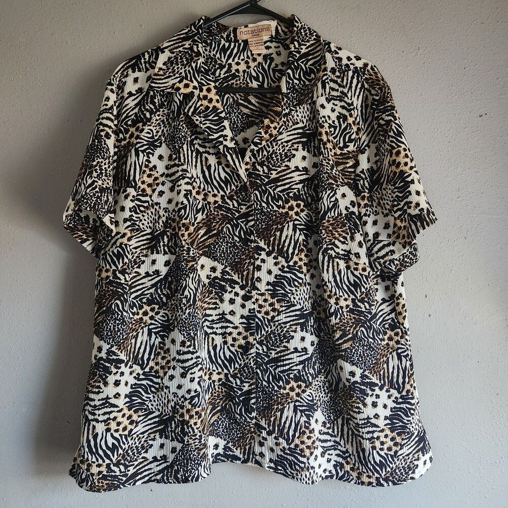 Vintage Notations 2X Animal Print Blouse Leopard Zebra Button Front Plus Size